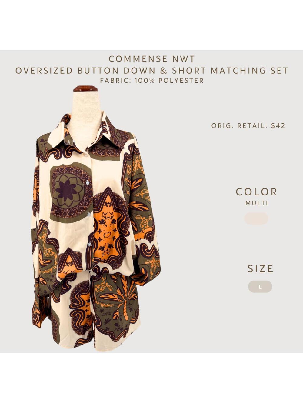 Commense Matching Set Button Down Shirt Shorts L NWT - Picture 2 of 9